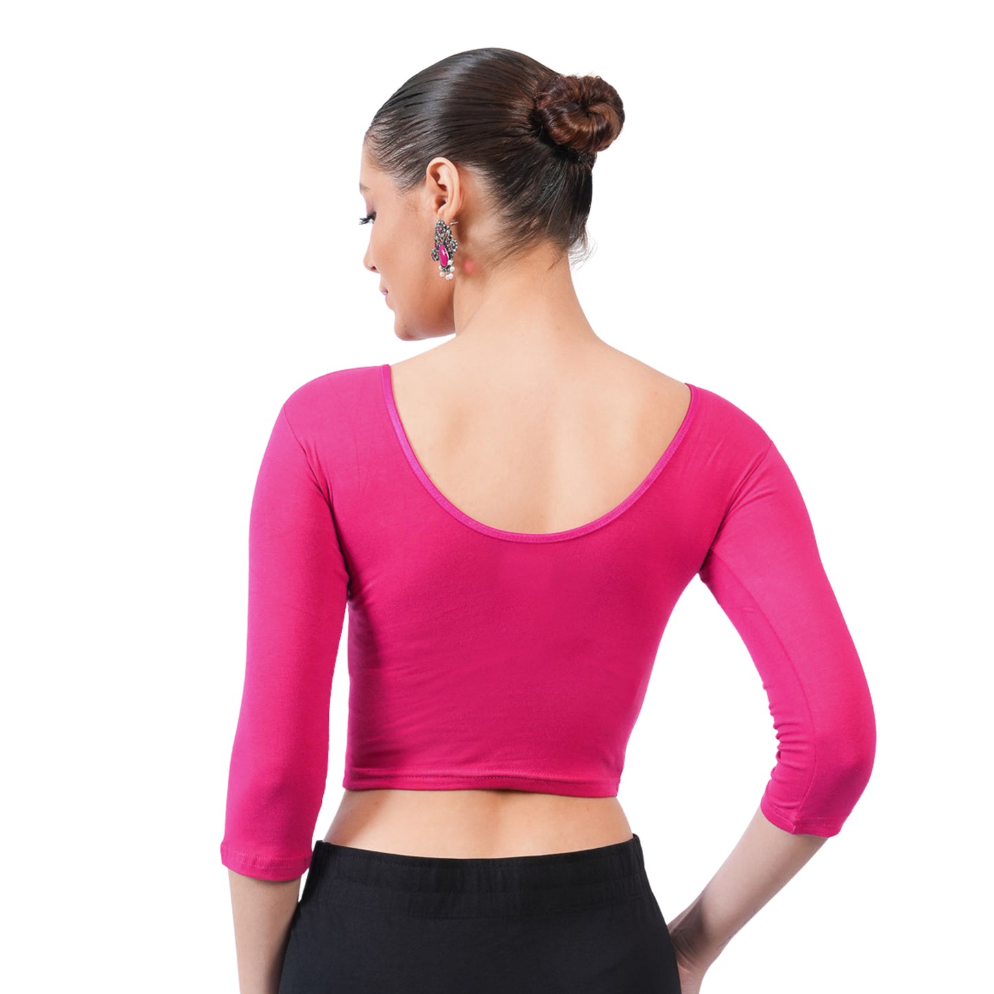Vami Women's 3/4 Length Cotton Stretchable Readymade Plain Blouse - Fuchsia