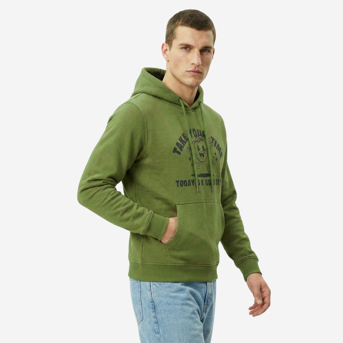 Relaxed Fit Printed Pullover Hoodie for Men (Olive)