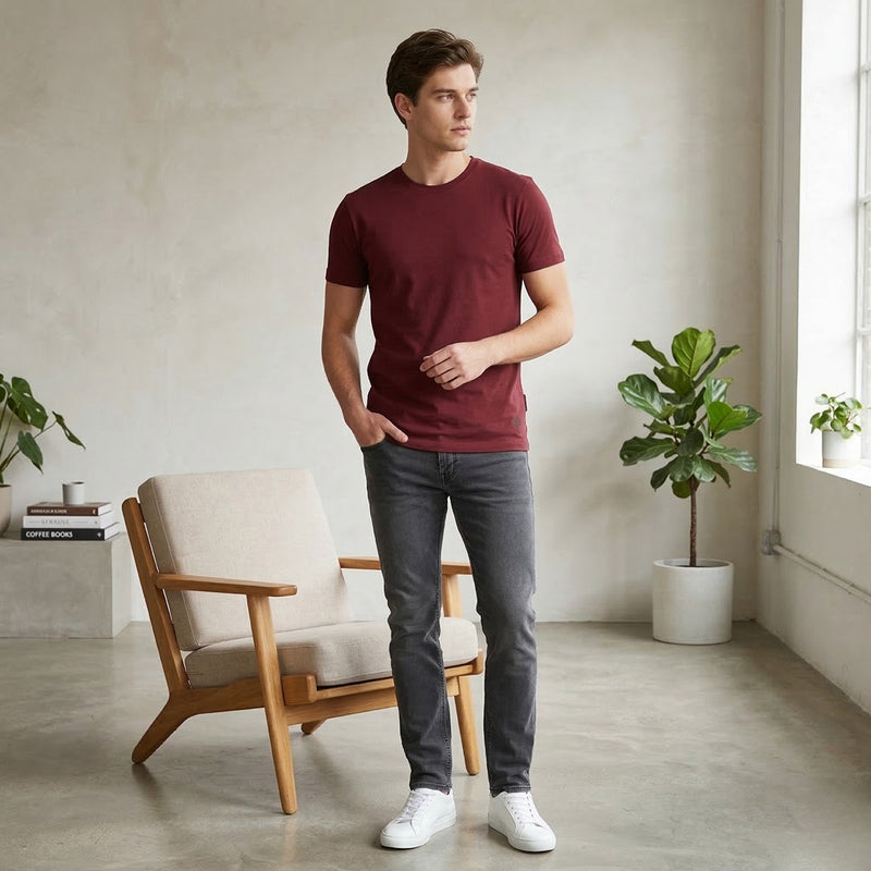 DK.Maroon  Round Neck Half Sleeves T-Shirt for Men