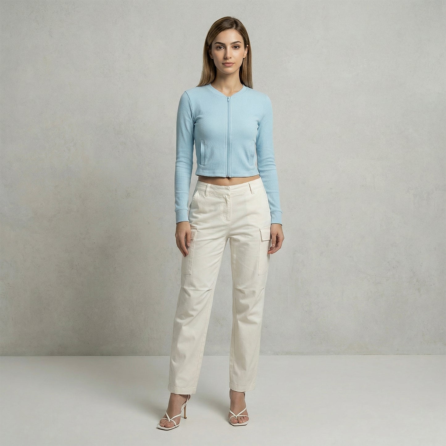 Women’s Lt.Blue Ribbed Zip-Up Cropped Jacket (Pack of 1)