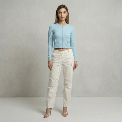 Women’s Lt.Blue Ribbed Zip-Up Cropped Jacket (Pack of 1)