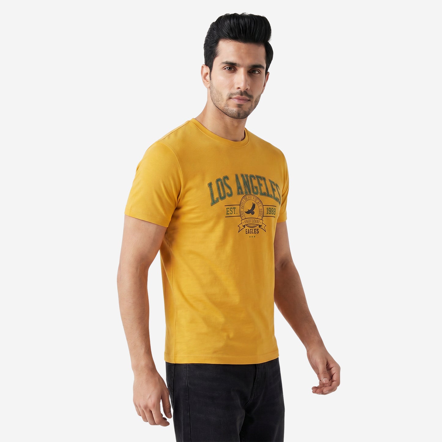 Men's Mustard Printed Round Neck Short Sleeve T-Shirt