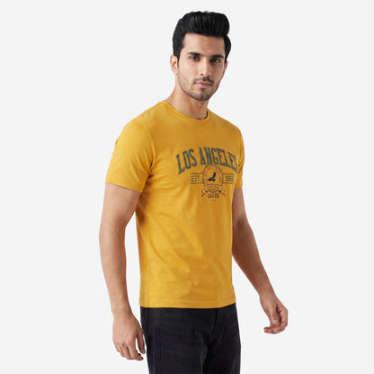 Men's Mustard Printed Round Neck Short Sleeve T-Shirt