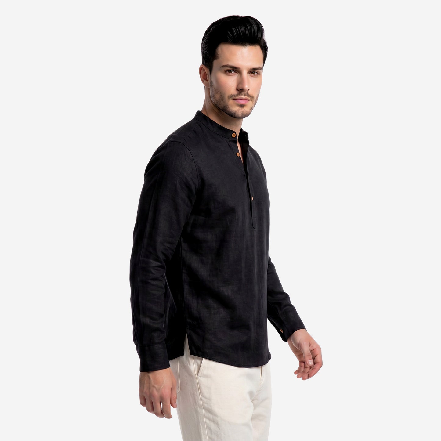 Men’s Linen Short Kurta | Solid Black Mandarin Collar
