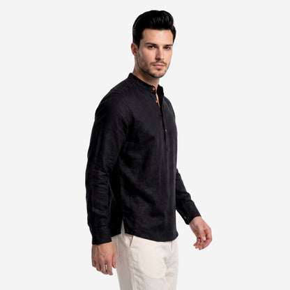 Men’s Linen Short Kurta | Solid Black Mandarin Collar