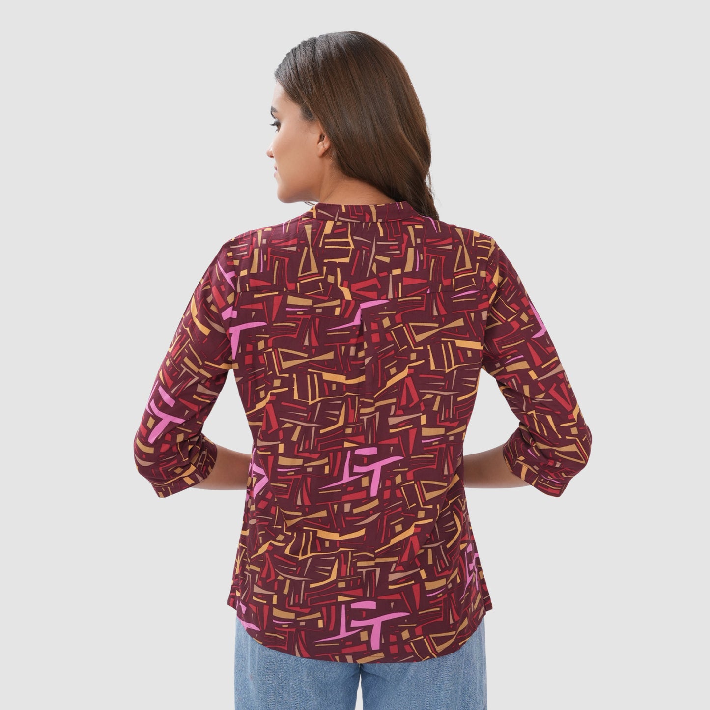Women’s Printed Cotton Casual Top with 3/4 Sleeves & Button Placket