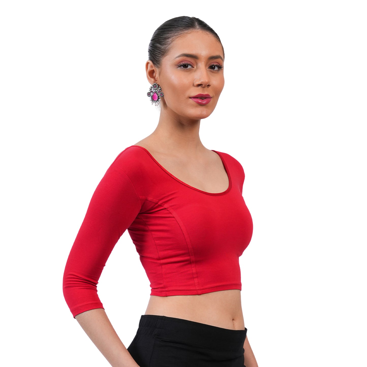Women's 3/4 Length Cotton Stretchable Readymade Plain Blouse - Red
