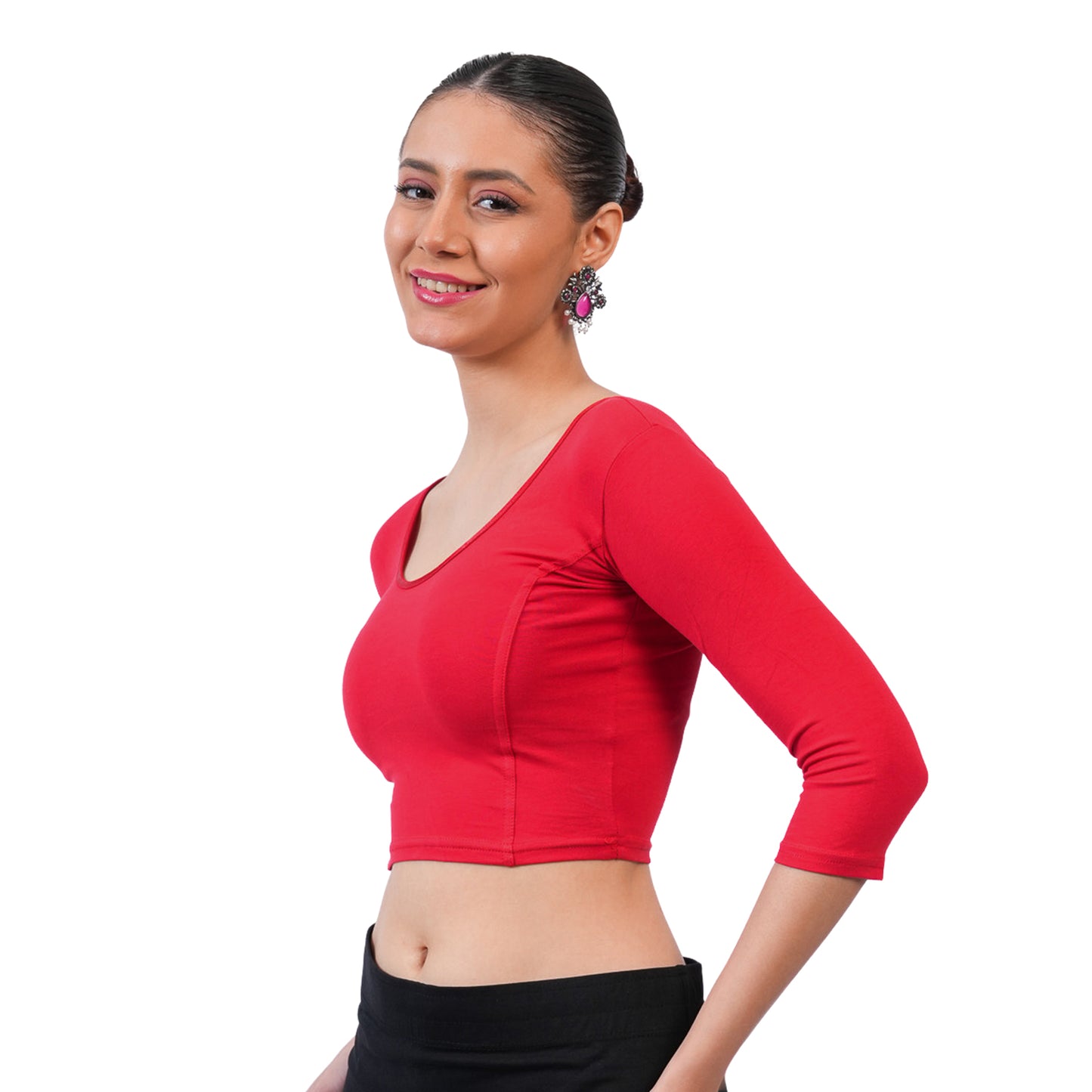 Women's 3/4 Length Cotton Stretchable Readymade Plain Blouse - Red