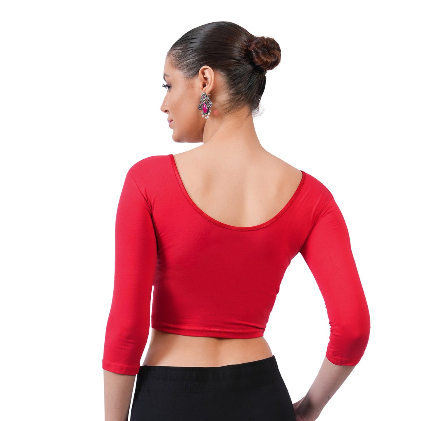 Women's 3/4 Length Cotton Stretchable Readymade Plain Blouse - Red