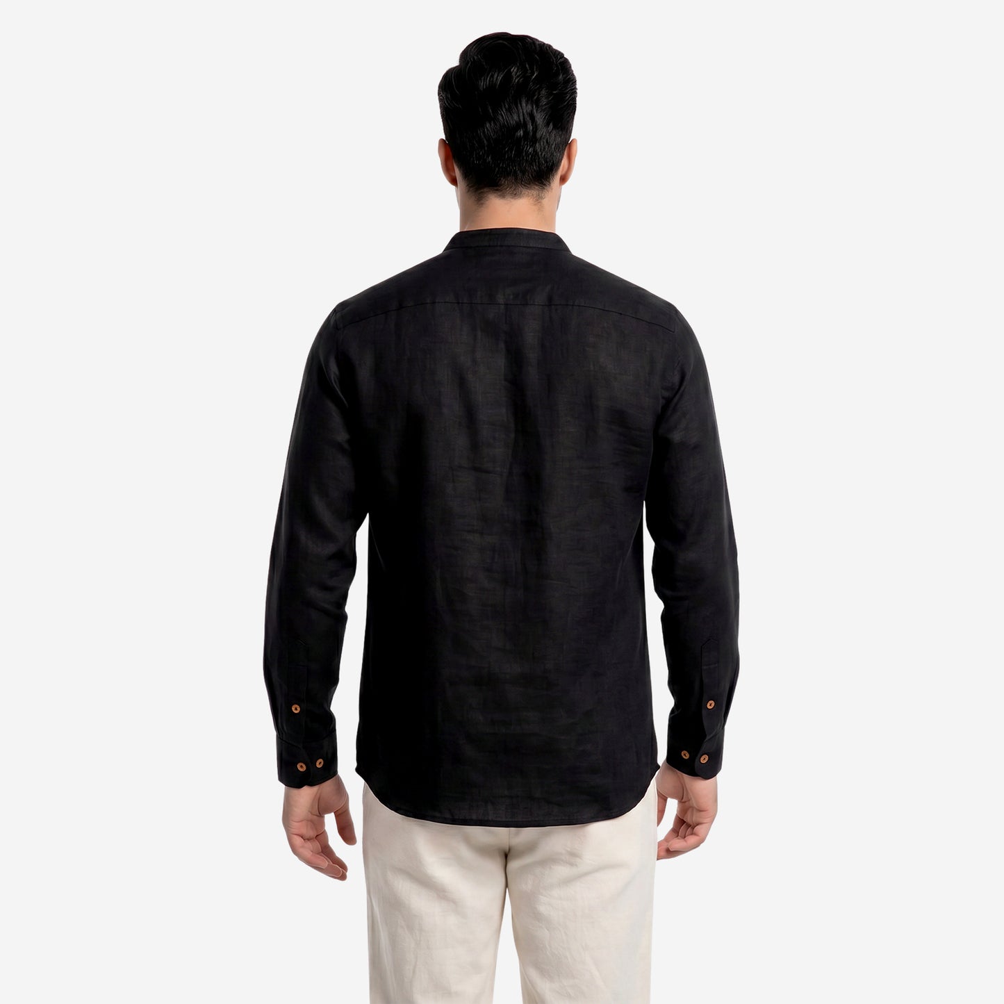 Men’s Linen Short Kurta | Solid Black Mandarin Collar