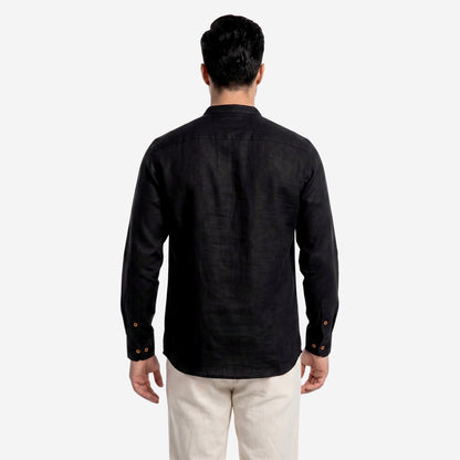 Men’s Linen Short Kurta | Solid Black Mandarin Collar