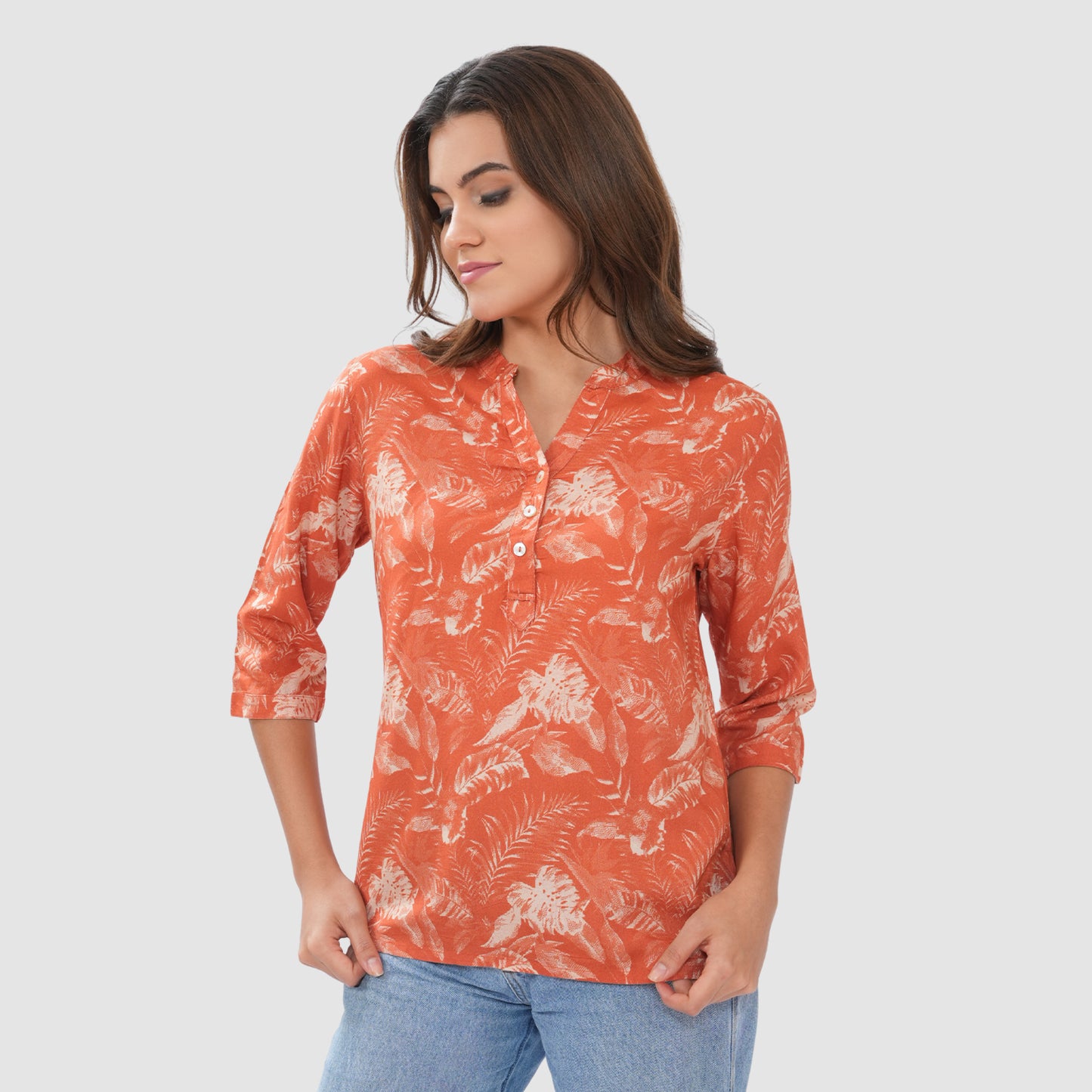 Women’s Printed Cotton Casual Top with 3/4 Sleeves & Button Placket