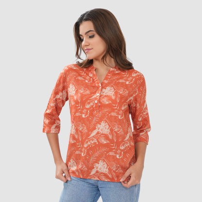 Women’s Printed Cotton Casual Top with 3/4 Sleeves & Button Placket