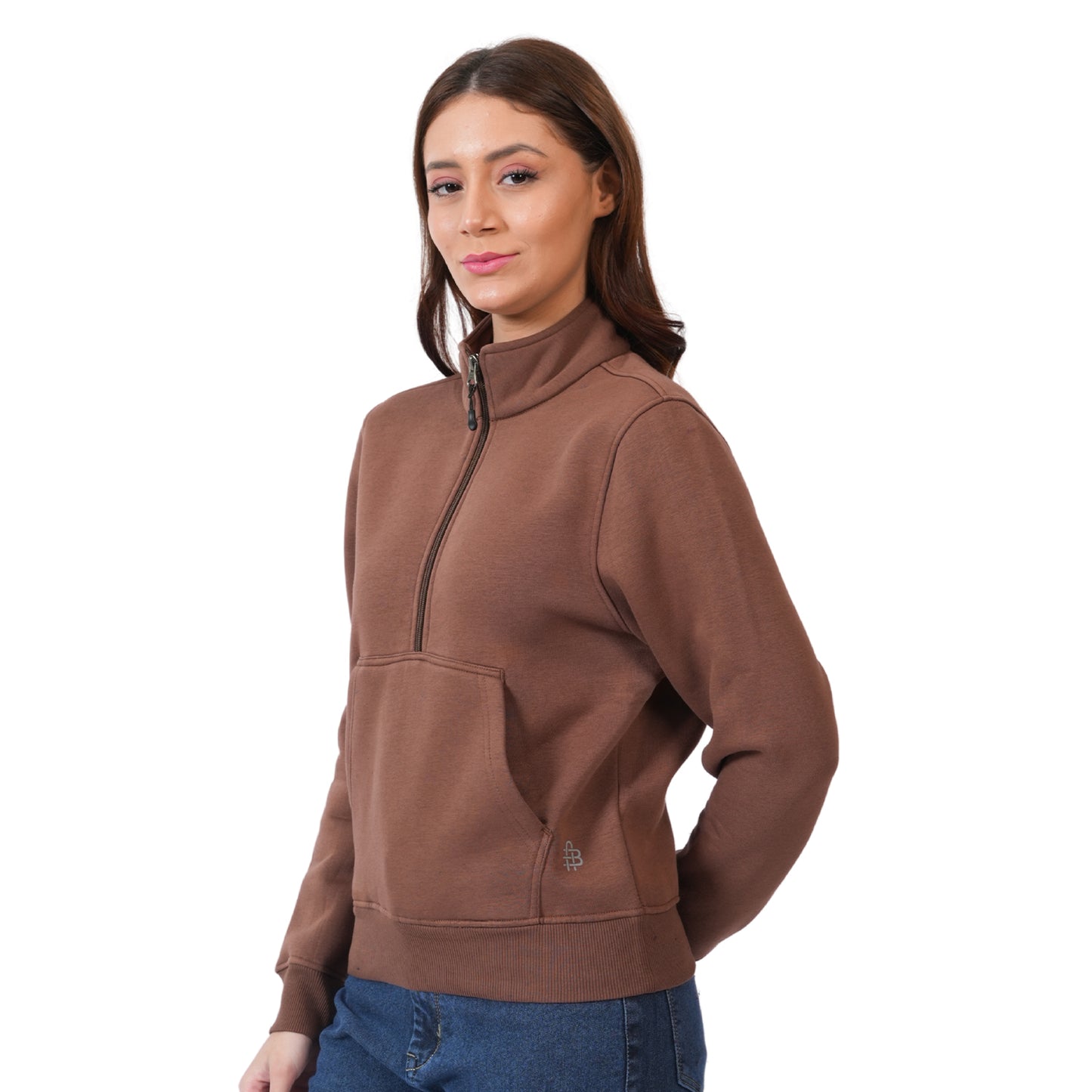 Women Half Zipper Sweatshirt (Brown)