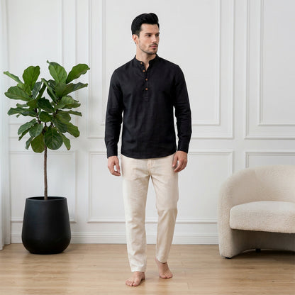 Men’s Linen Short Kurta | Solid Black Mandarin Collar