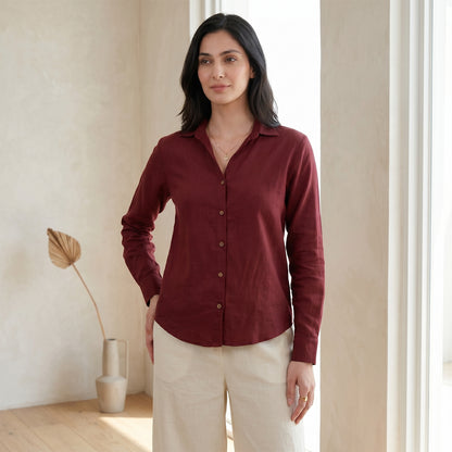 Women Linen Comfort Shirt - (Dewberry Wine)
