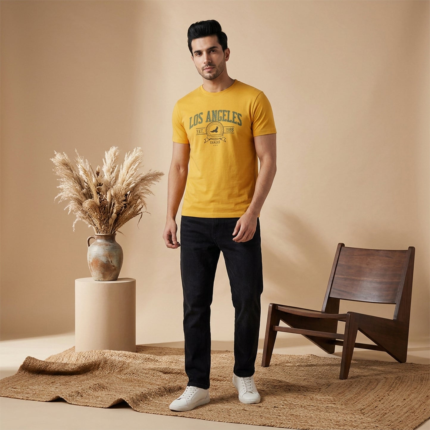 Men's Mustard Printed Round Neck Short Sleeve T-Shirt