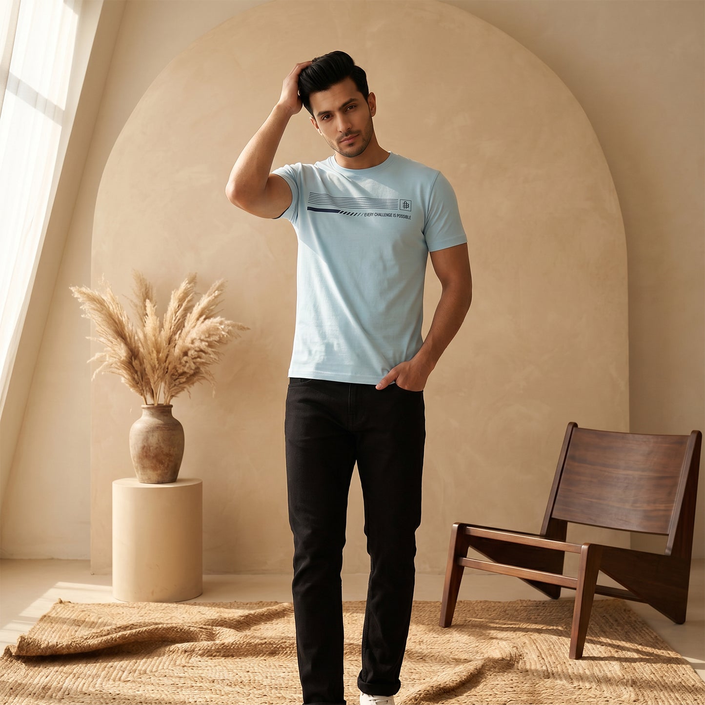 Men's Sky Blue Printed Round Neck Short Sleeve T-Shirt