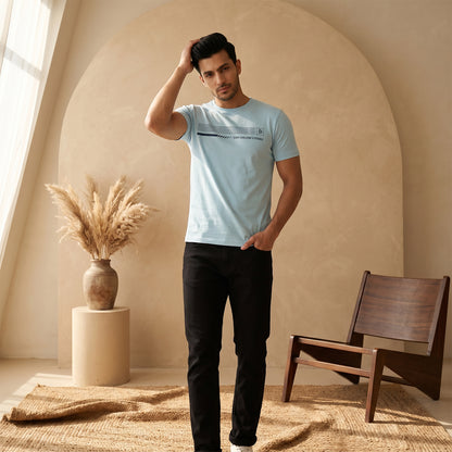 Men's Sky Blue Printed Round Neck Short Sleeve T-Shirt