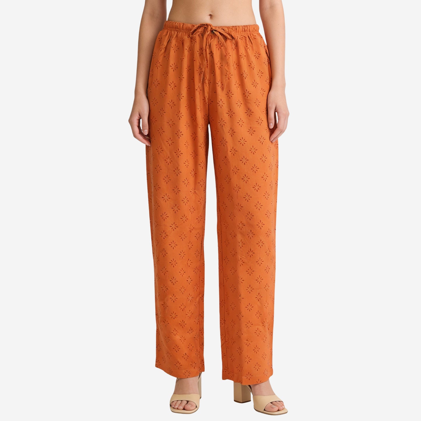 Women Printed Rayon Relaxed-Fit Lounge Pyjama Pants - Orange