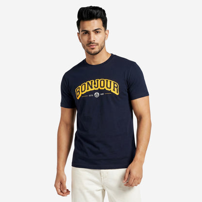 Men's Navy Printed Round Neck Short Sleeve T-Shirt