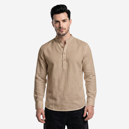 Men’s Linen Short Kurta | Solid Dk.Beige Mandarin Collar