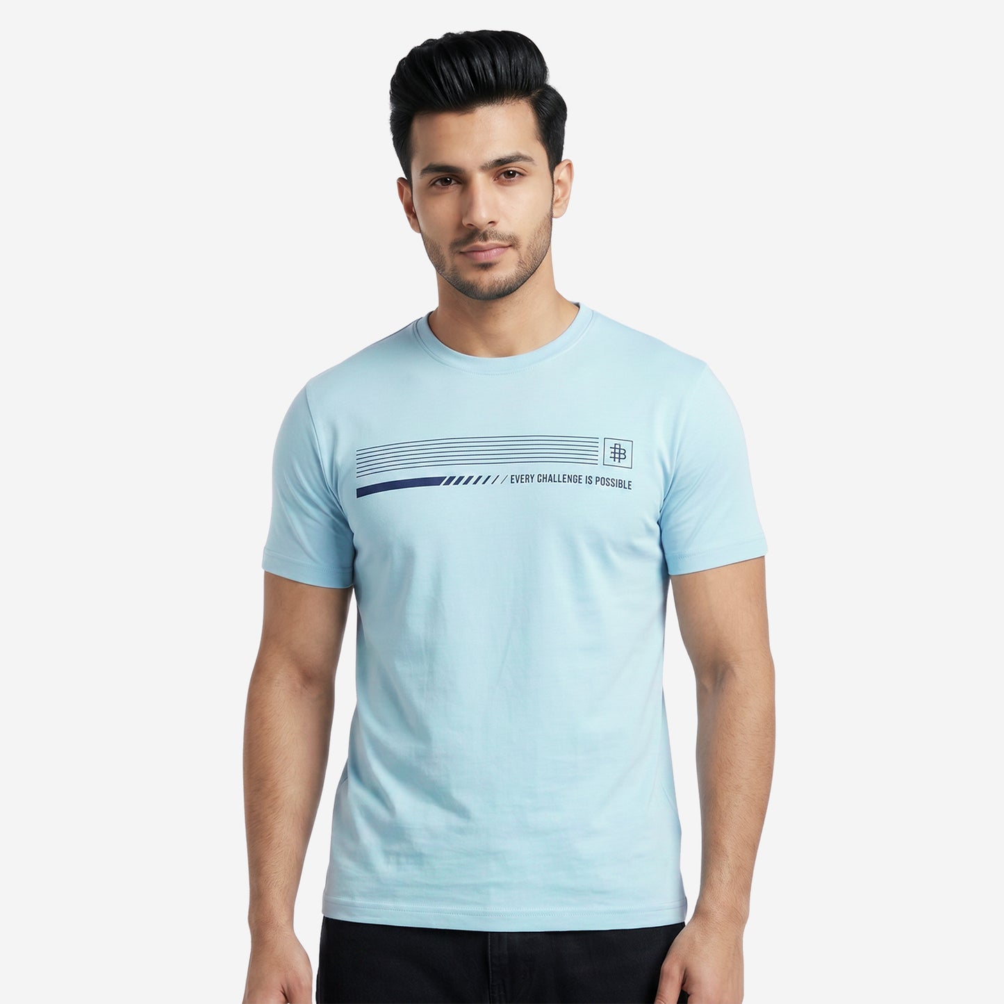 Men's Sky Blue Printed Round Neck Short Sleeve T-Shirt
