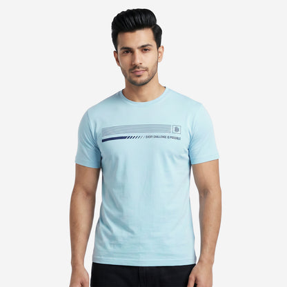 Men's Sky Blue Printed Round Neck Short Sleeve T-Shirt