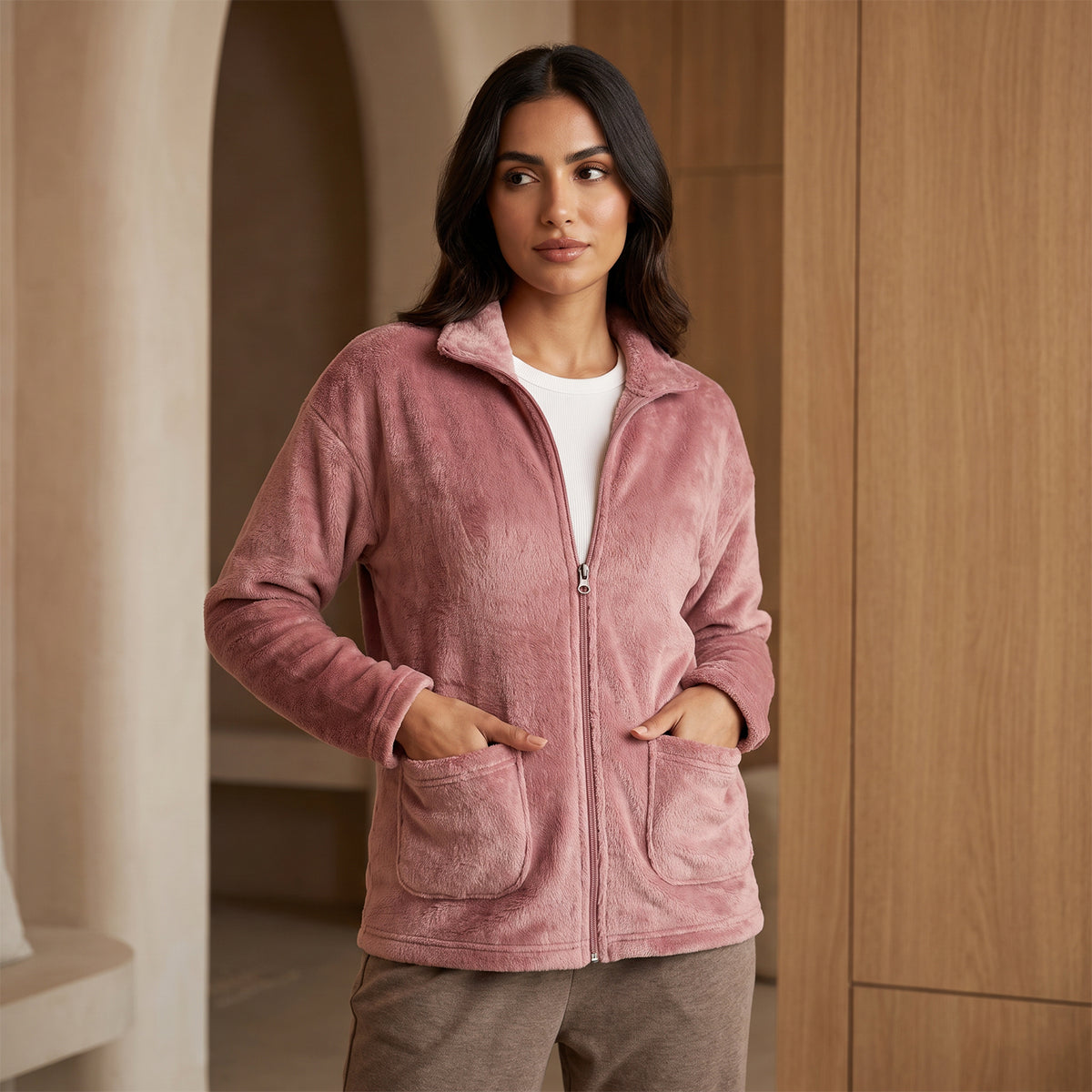 Bonjour Women’s Cotton Blend Winter Fleece Jacket | Soft Lightweight Warm Loungewear | Full-Zip Stand Collar | High Neck with Stand Collar.