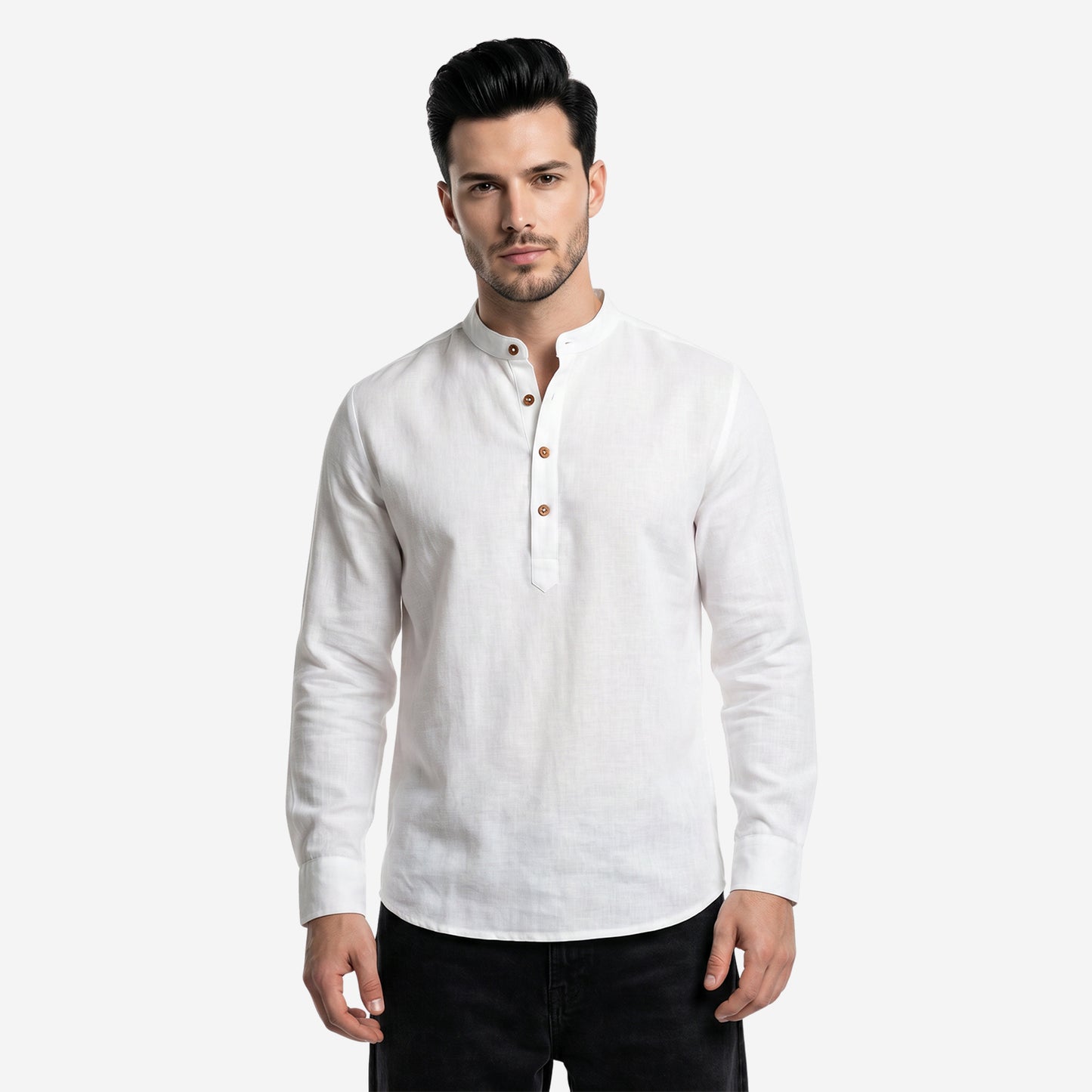 Men’s Linen Short Kurta | Solid White Mandarin Collar