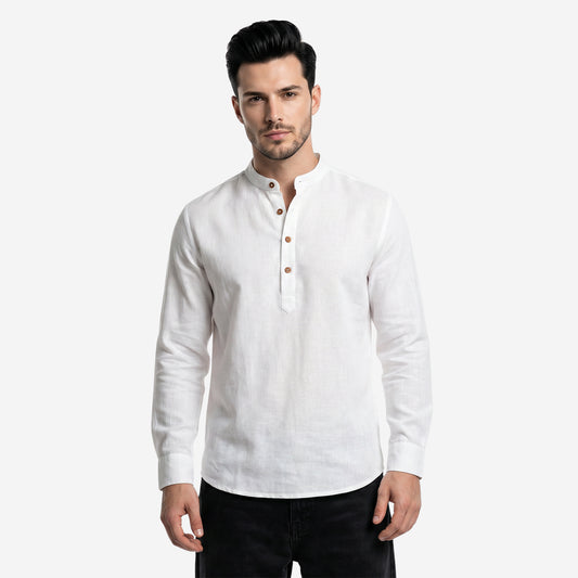 Men’s Linen Short Kurta | Solid White Mandarin Collar