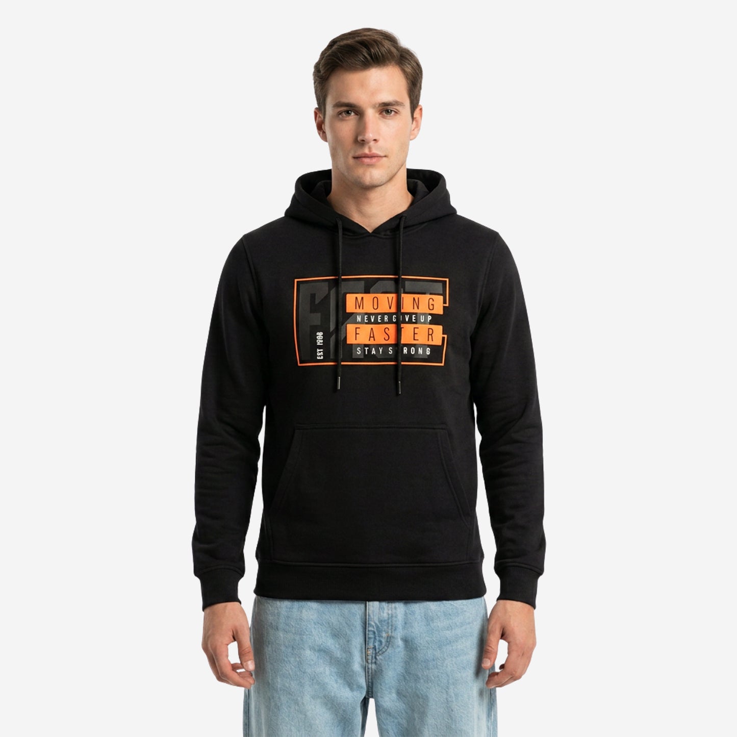 Relaxed Fit Printed Pullover Hoodie for Men (Black)