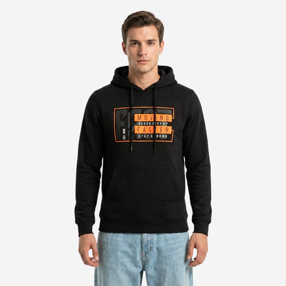Relaxed Fit Printed Pullover Hoodie for Men (Black)