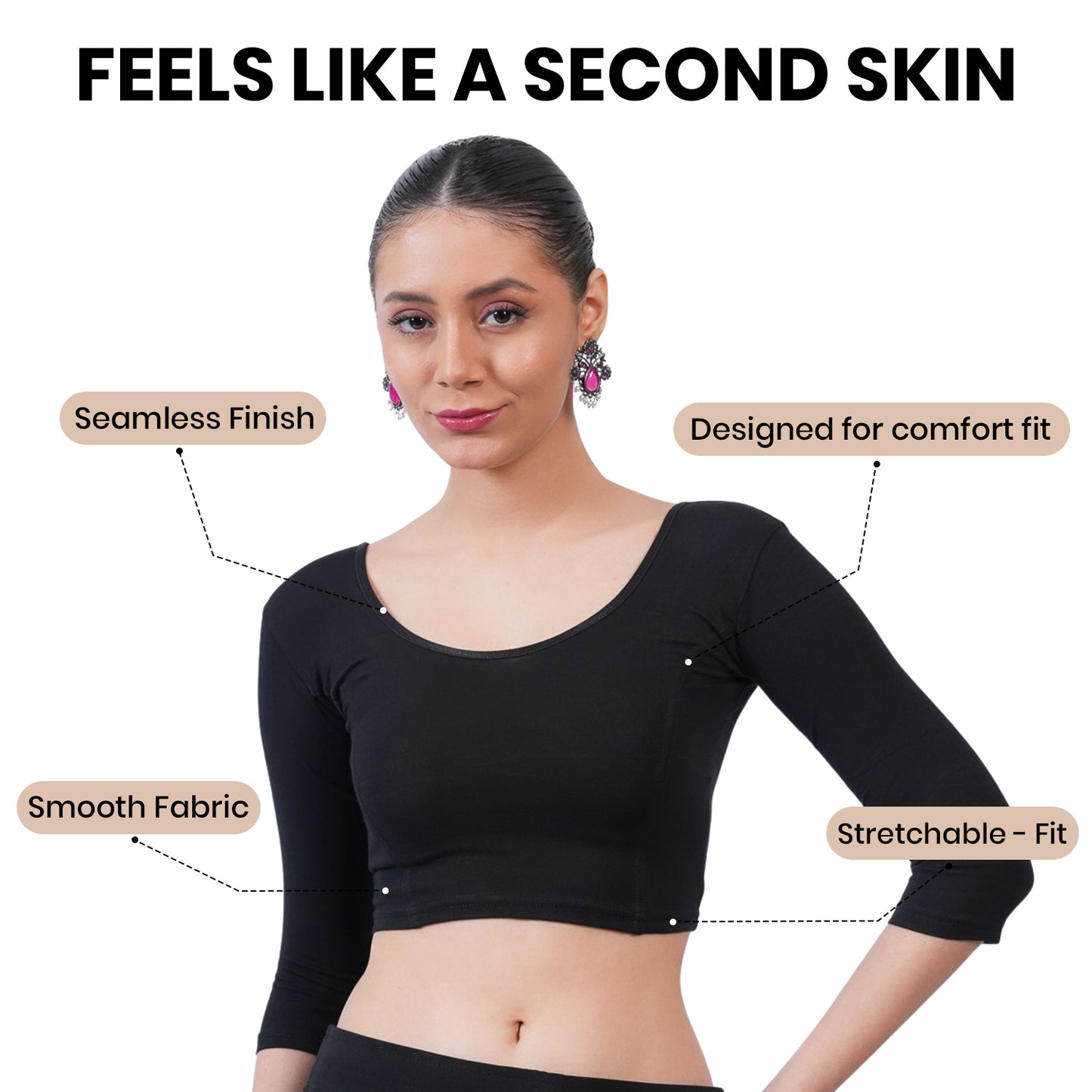 Women's 3/4 Length Cotton Stretchable Readymade Plain Blouse  - Black