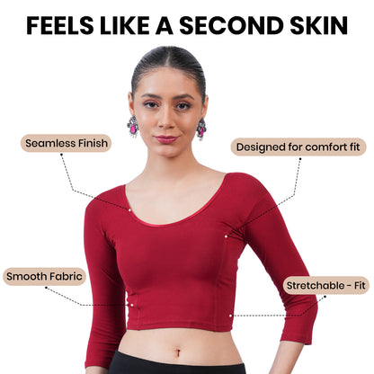 Vami Women's 3/4 Length Cotton Stretchable Readymade Plain Blouse  - Maroon