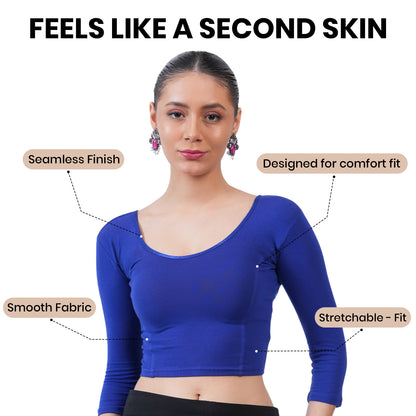 Women's 3/4 Length Cotton Stretchable Readymade Plain Blouse - Ink Blue