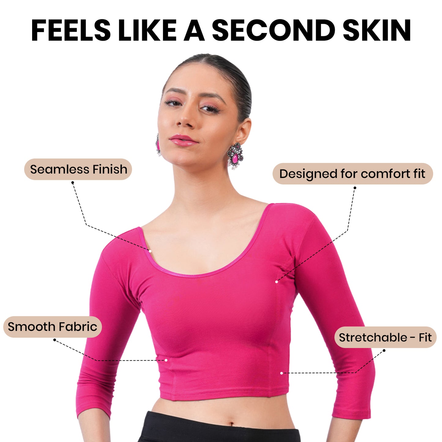 Vami Women's 3/4 Length Cotton Stretchable Readymade Plain Blouse - Fuchsia
