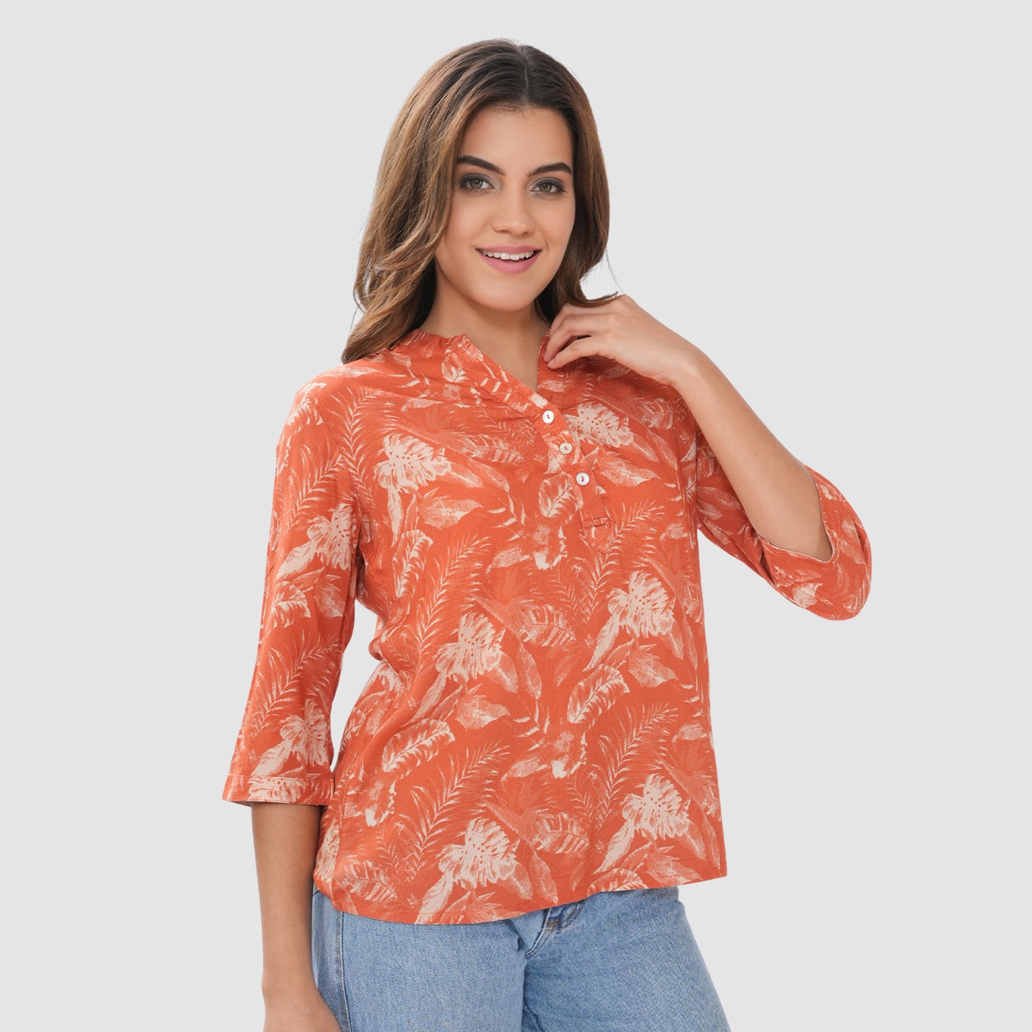 Women’s Printed Cotton Casual Top with 3/4 Sleeves & Button Placket