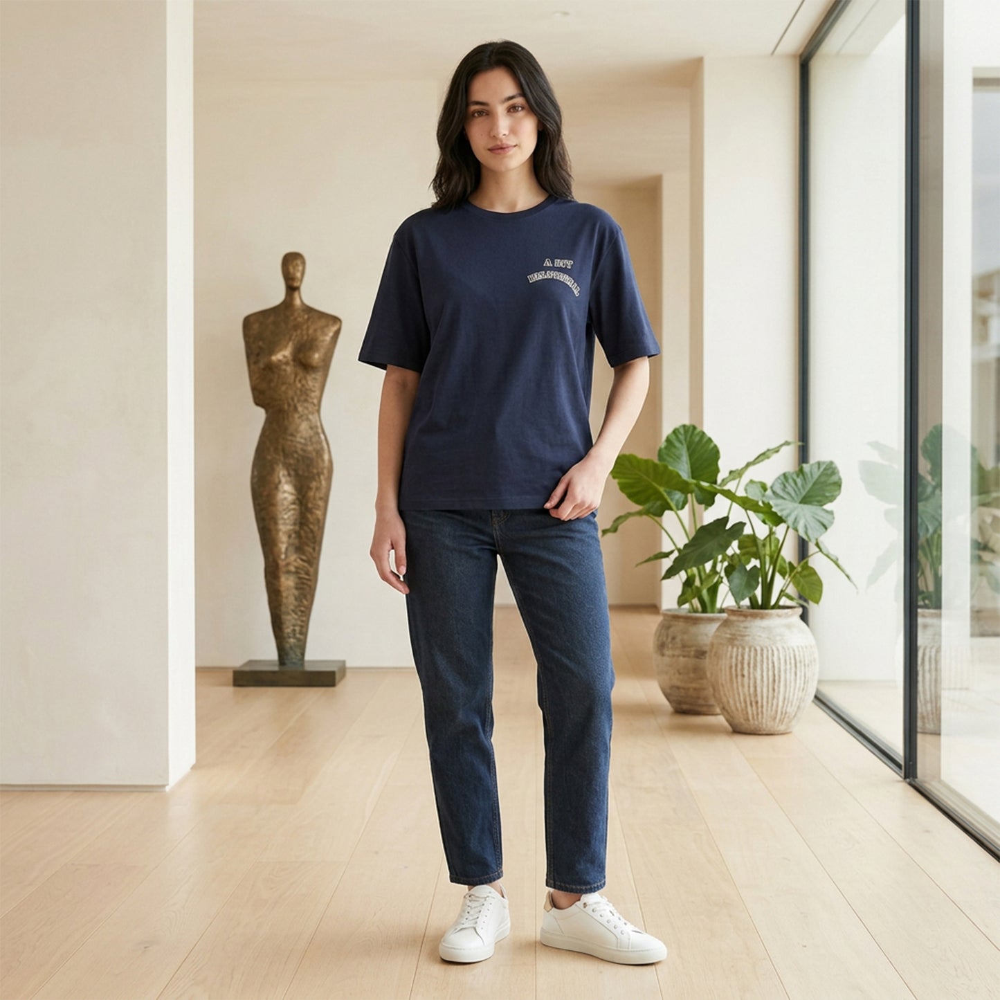 Women's Navy Oversized Printed T-Shirt
