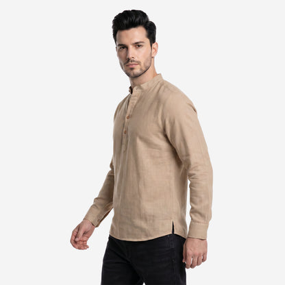 Men’s Linen Short Kurta | Solid Dk.Beige Mandarin Collar