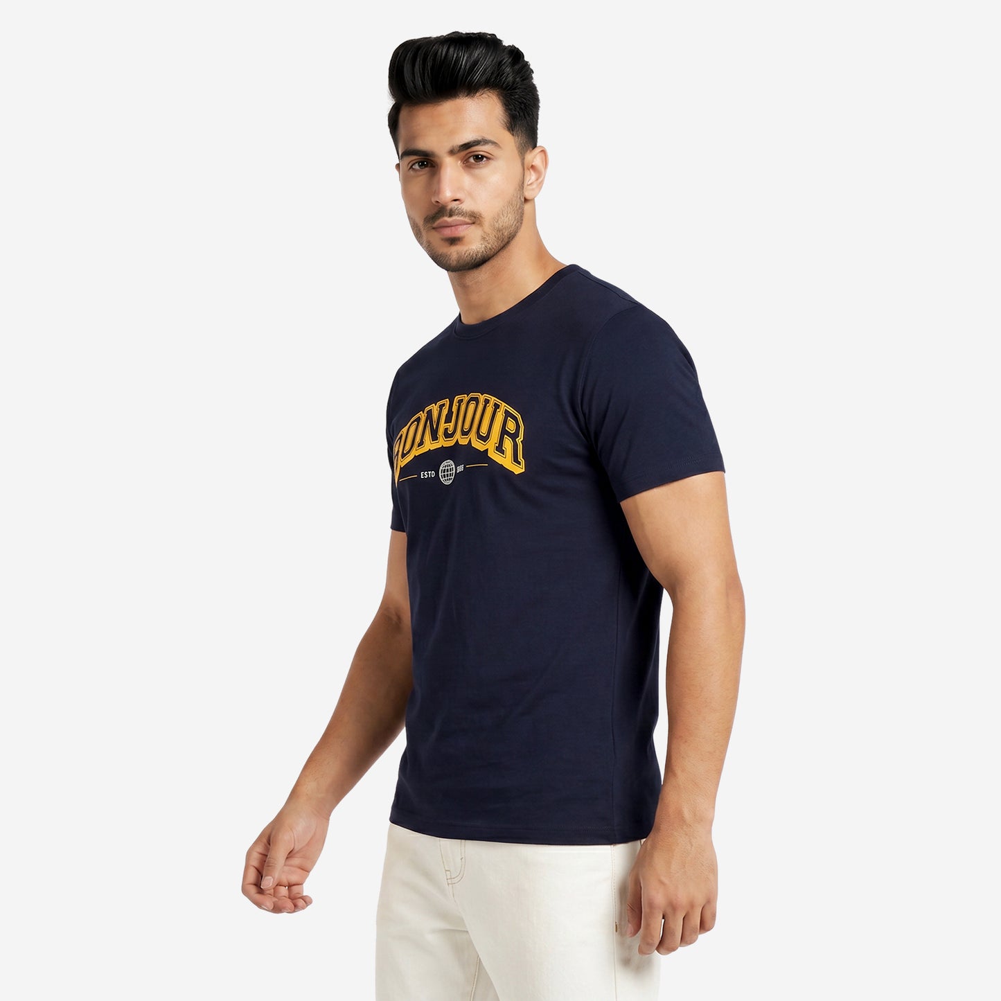 Men's Navy Printed Round Neck Short Sleeve T-Shirt