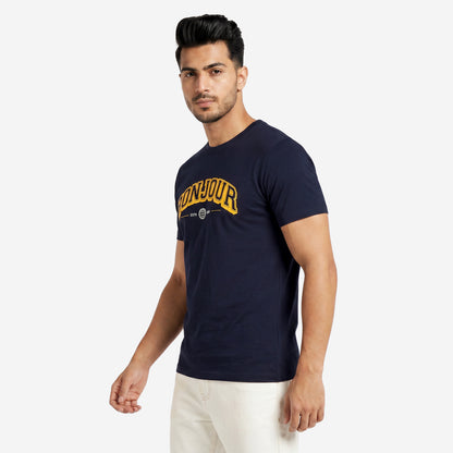 Men's Navy Printed Round Neck Short Sleeve T-Shirt