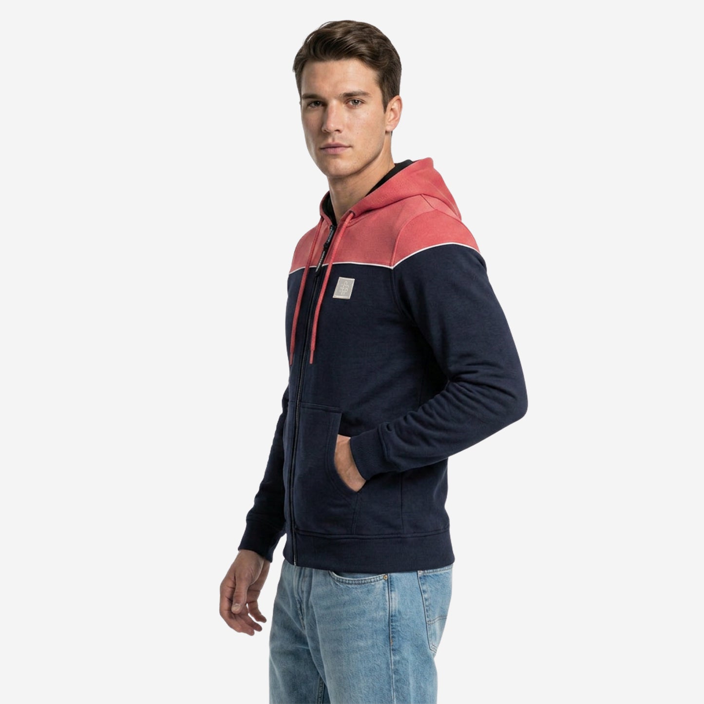 Relaxed Fit Printed Zip-Through Hoodie for Men (Navy)