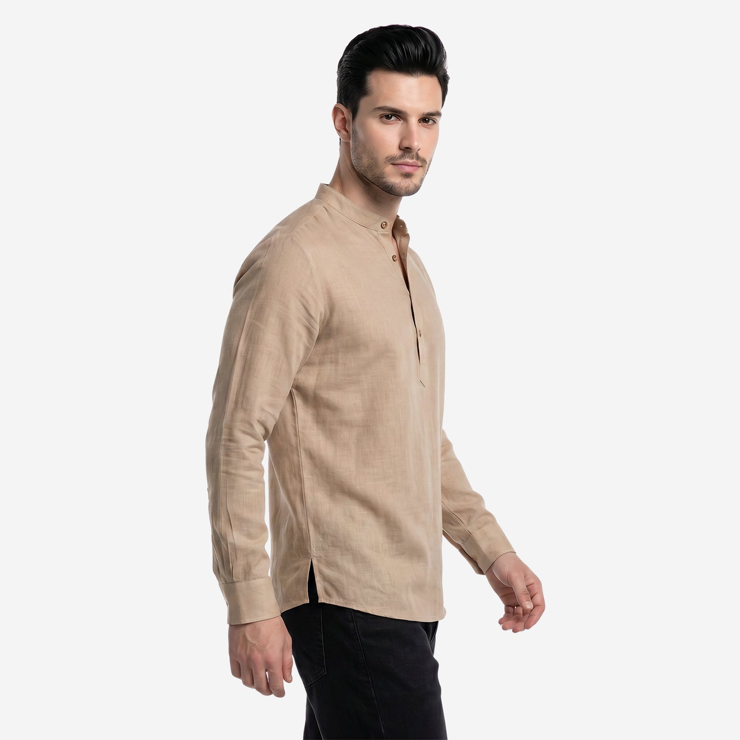 Men’s Linen Short Kurta | Solid Dk.Beige Mandarin Collar