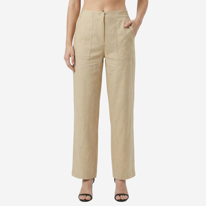 Women Linen Comfort Pants-(Beige)