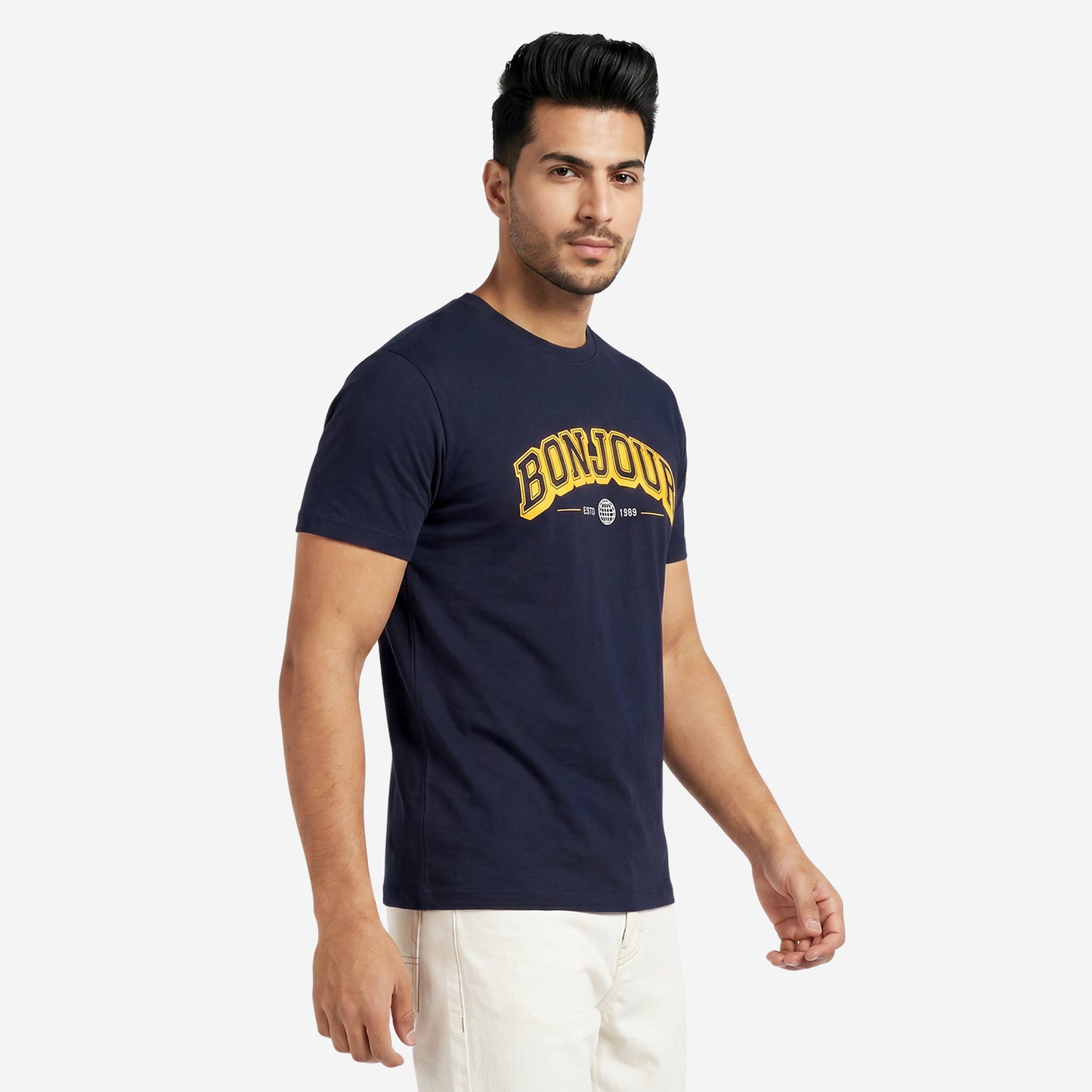 Men's Navy Printed Round Neck Short Sleeve T-Shirt