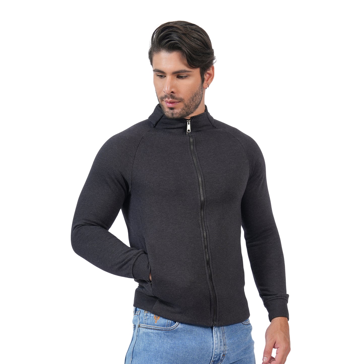 Men’s Solid Full Zipper Winter Jacket (Anthra Mill)