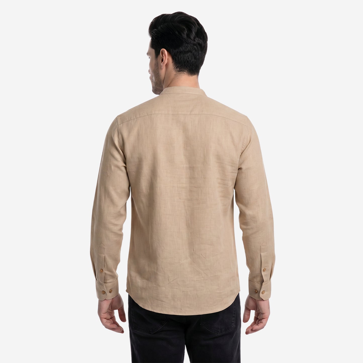 Men’s Linen Short Kurta | Solid Dk.Beige Mandarin Collar