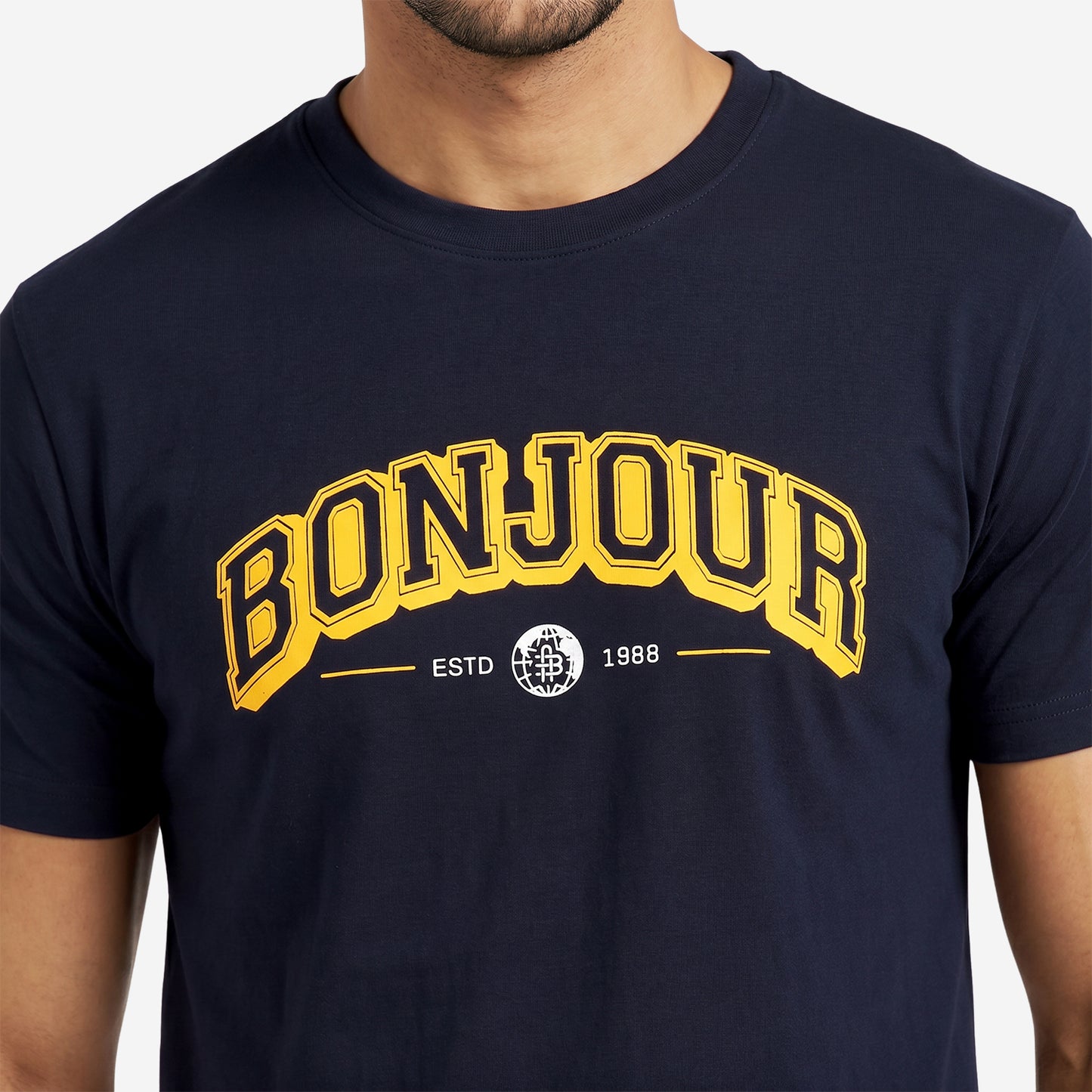 Men's Navy Printed Round Neck Short Sleeve T-Shirt