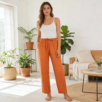 Women Printed Rayon Relaxed-Fit Lounge Pyjama Pants - Orange